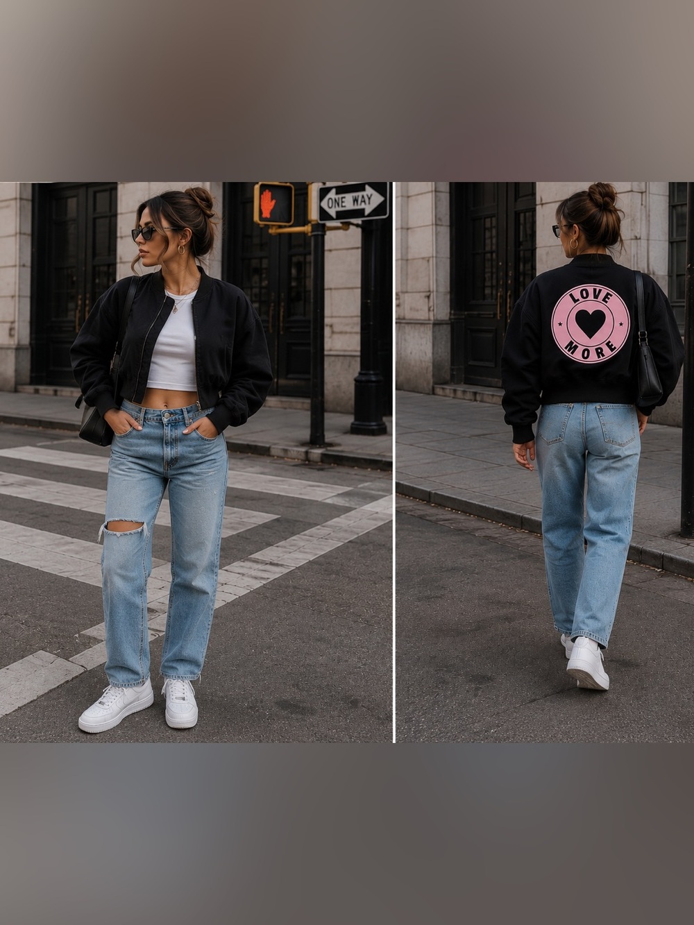 Two to Five Love More Graphic Bomber Jacket Black Cropped Y2K Varsity size small